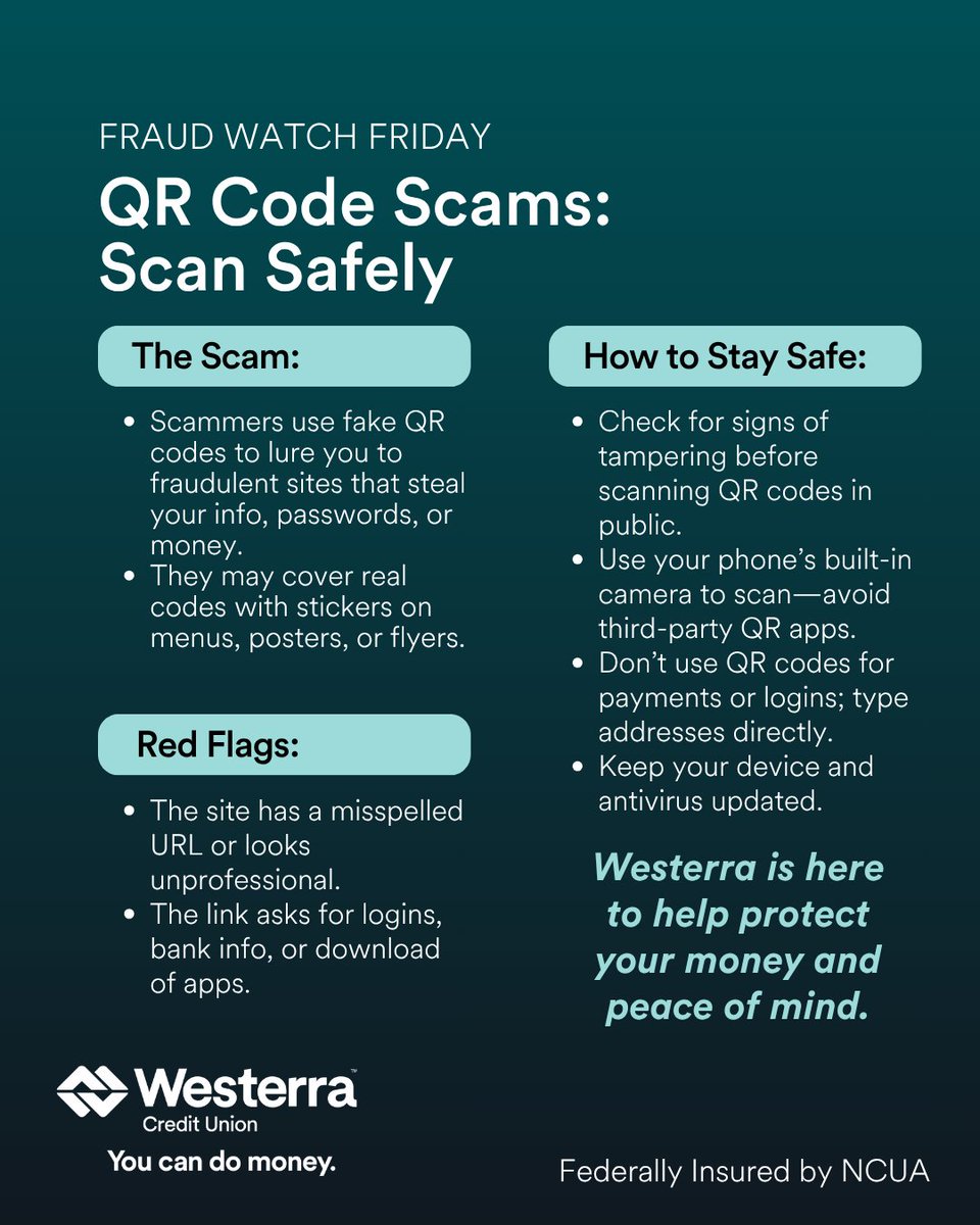 That QR code on the menu? It might hide a scam. Scammers use them to steal info. Before you scan, double-check. Don’t let dinner come with a side of identity theft. Visit WesterraCU.com/security for tips. #FraudWatchFriday