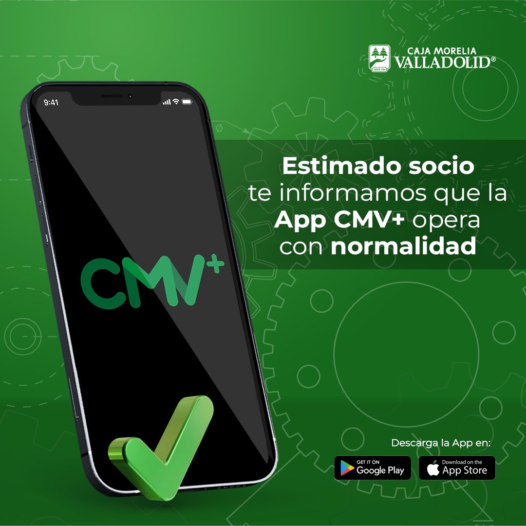 💚 Aviso importante para nuestros socios:​
​
Les informamos que la App CMV+ ya se encuentra en funcionamiento con normalidad.​
​
Agradecemos su paciencia y comprensión durante el proceso de mantenimiento.​
​
Seguimos trabajando para ofrecerles una mejor experiencia digital y un