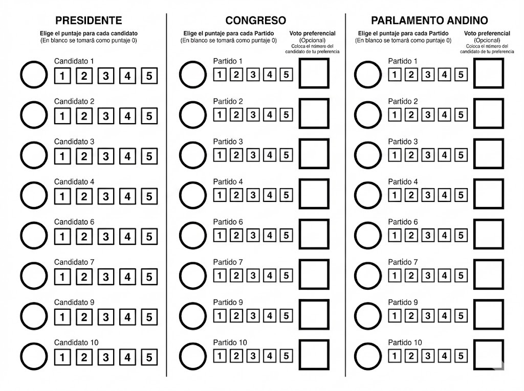 <a href="/josejeriore/">José Jerí</a> <a href="/jesusverdeL/">Jesús Verde</a> Presidente <a href="/josejeriore/">José Jerí</a> por favor, la cédula electoral debe CAMBIAR a un sistema de puntajes, MILES de estudios han demostrado que es la forma más justa y representativa de votación. Aquí una propuesta (Se podría poner dos votos preferenciales acorde a la Constitución)
<a href="/JNE_Peru/">JNE Perú</a>