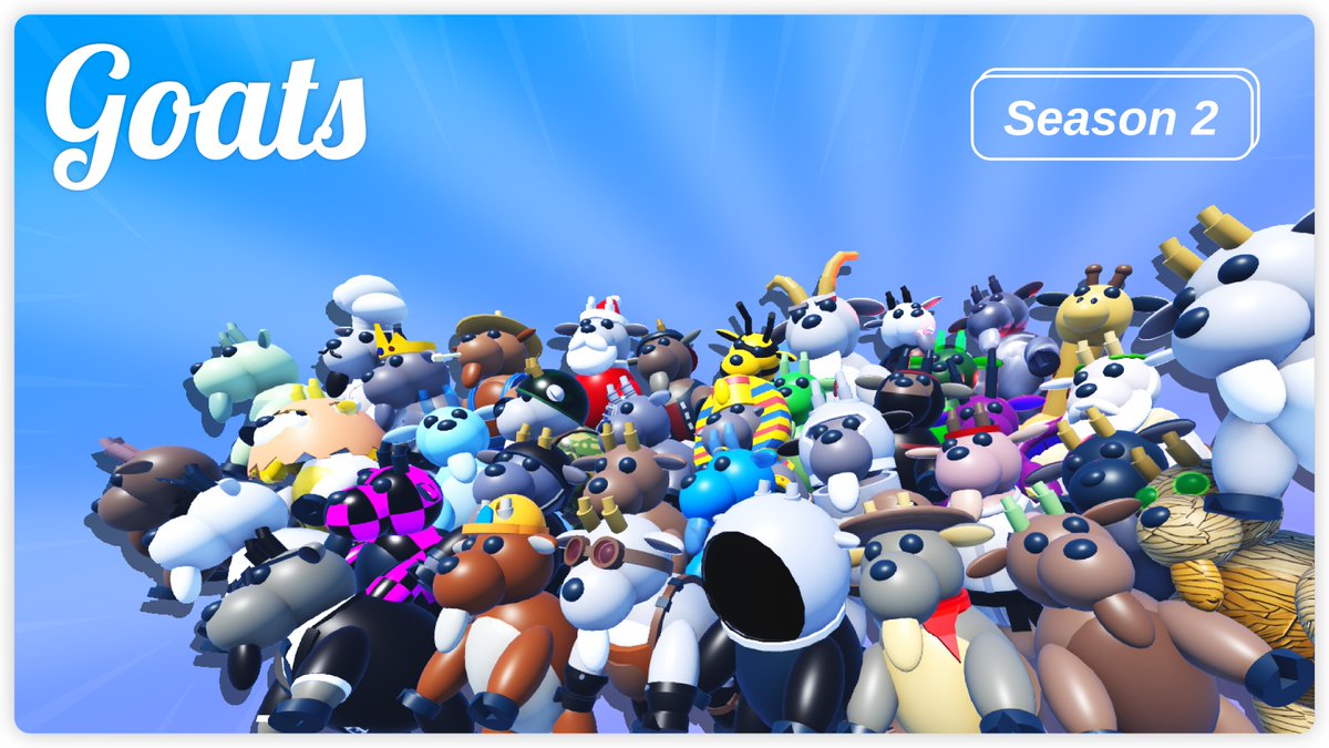 37Cocostars's tweet image. Goats Season 2 [Part1] is LIVE !!!

- New map &quot;Swamp&quot; 🐸
- Goat selector interface rework 🔧
- Mastery ranks for every goats ✨
- 4 New goats 🐐
- 6 New Daily quests 🔥
- Bug fixes and improvements 🛠️
- And so much more !  

#ROBLOX #robloxevents #RobloxDevs