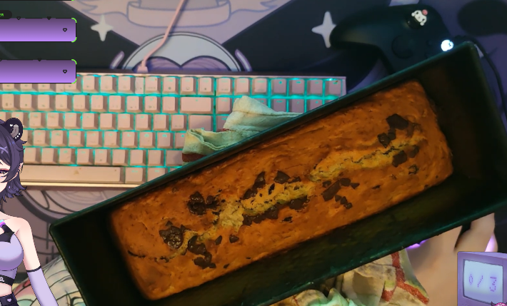 KimmybearVTuber's tweet photo. The banana bread I made on stream today turned out delicious :3 the trick is mushing the banana with a flaccid spatula for 3 hours to rage bait chat 👍 https://t.co/wH9hn8G6x6