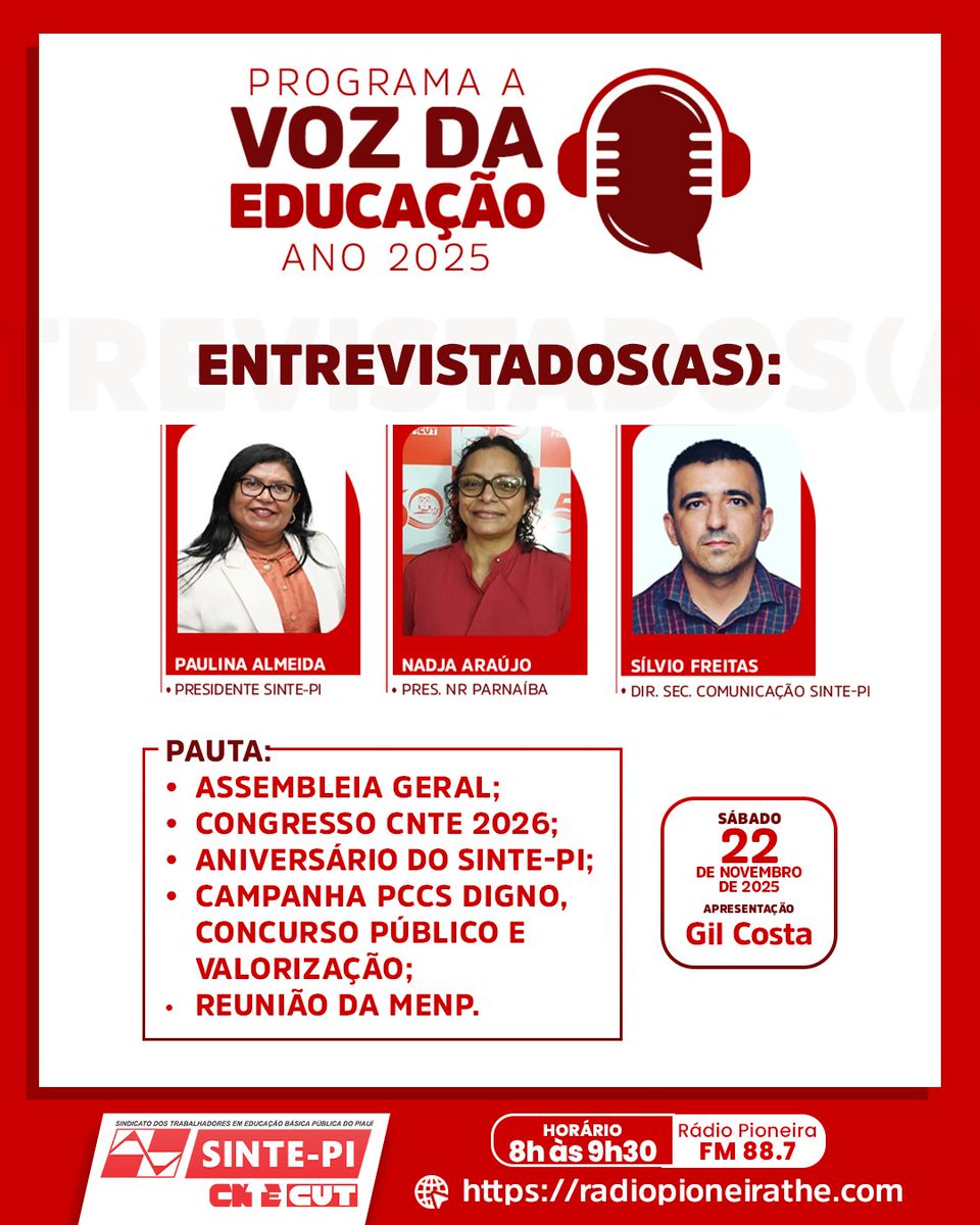 sintepiaui's tweet image. 🔴 Nesse sábado (22/11), não perca o programa ‘A Voz da Educação’.
✅ Mantenha-se informado sobre as questões que impactam a nossa categoria.  

📲 Curta e compartilhe!

#sintepiaui #programa #VozdaEducação #educação