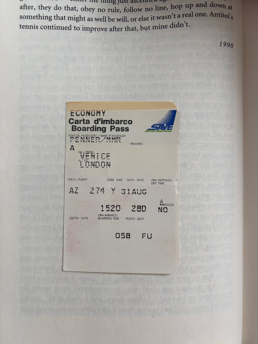 boarding pass from 15 years ago fell out of a book i’m reading. from venice to london to new york. see you around mr. penner