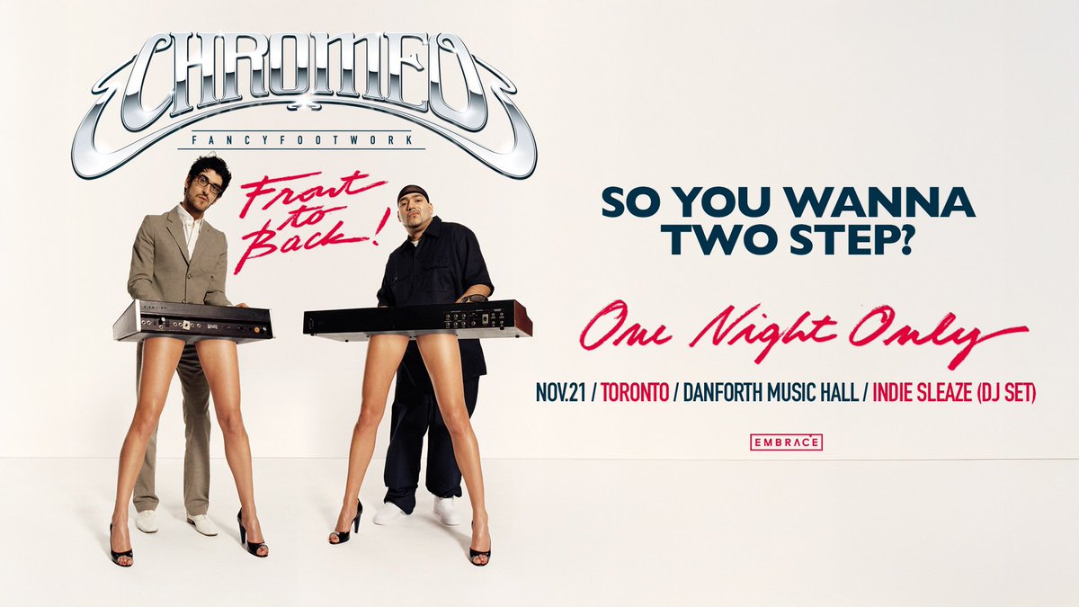 TONIGHT: Get ready as CHROMEO lights up a sold-out Danforth Music Hall with a bass-fueled, dancefloor shaking night 🥁
Set times below:
7:00PM - Doors
8:00PM - Indie Sleaze (DJ Set)
9:00PM - CHROMEO 
*all set times are subject to change