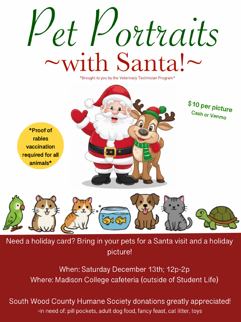 MadisonCollSOHS's tweet image. Check out the Santa Pet Portraits initiative, put on by our Veterinary Technician colleagues!

@MadisonCollege