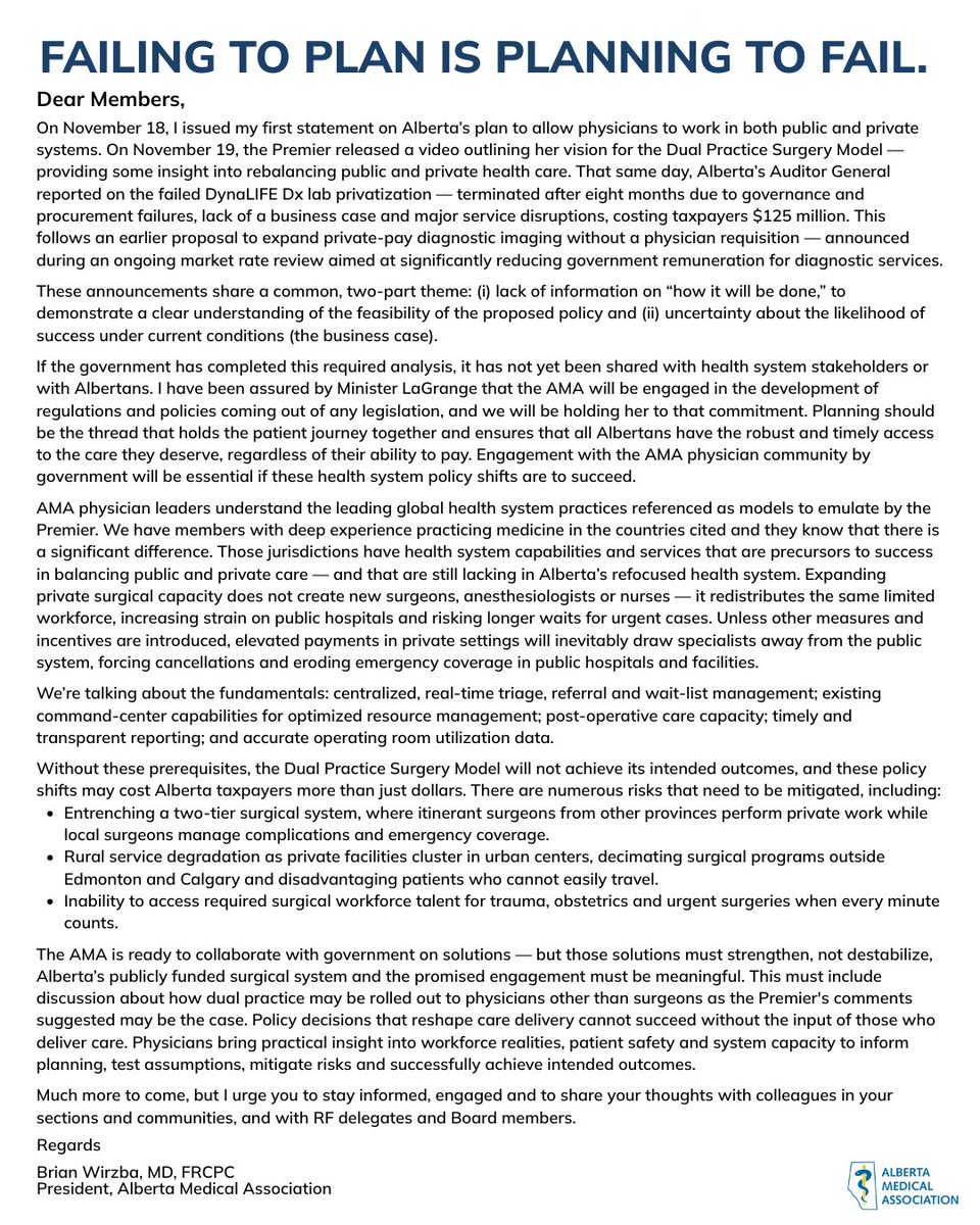 "Failing to plan is planning to fail." 
Alberta's health care system currently lacks the precursors that must be in place for success in balancing public and private care. albertadoctors.org/news/publicati…