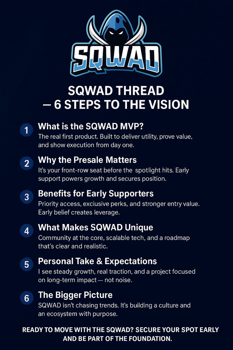 Enwonoabas53302's tweet image. 6️⃣
 The Bigger Picture
SQWAD isn’t chasing trends. It’s building a culture and an ecosystem with purpose.
#FutureReady

🚀 Ready to move with the SQWAD? Secure your spot early and be part of the foundation.
#SQWADMVP #SQWADPresale #Web3Community #CryptoPresale #BuildingInPublic