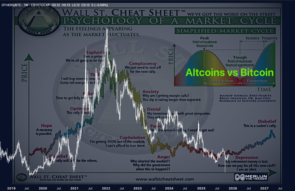 ALTCOINS VS BITCOIN: WE’RE AT MAX PAIN.

This chart mirrors the psychology of every market cycle:
- Anger
- Depression
- Disbelief

Historically?
That’s where altcoins bottom… and outperform.

Don’t fade the pattern.
Front-run it.