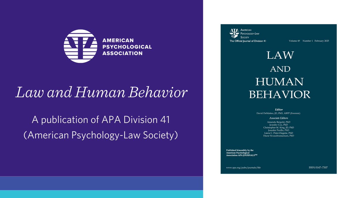 APA_Journals's tweet image. Law and Human Behavior (@lhb_apls), the official journal of APA Division 41 (@APLS41), is a multidisciplinary forum for empirical manuscripts examining the interface between human behavior and the law bit.ly/3XcKBQh
