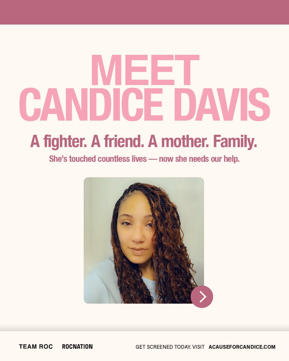RocNation's tweet image. Candice is part of our Roc Nation family. She urgently needs a kidney donor. Getting screened today could save her life – or someone else’s. 

Visit ACauseForCandice.com to learn more.

#ACauseForCandice