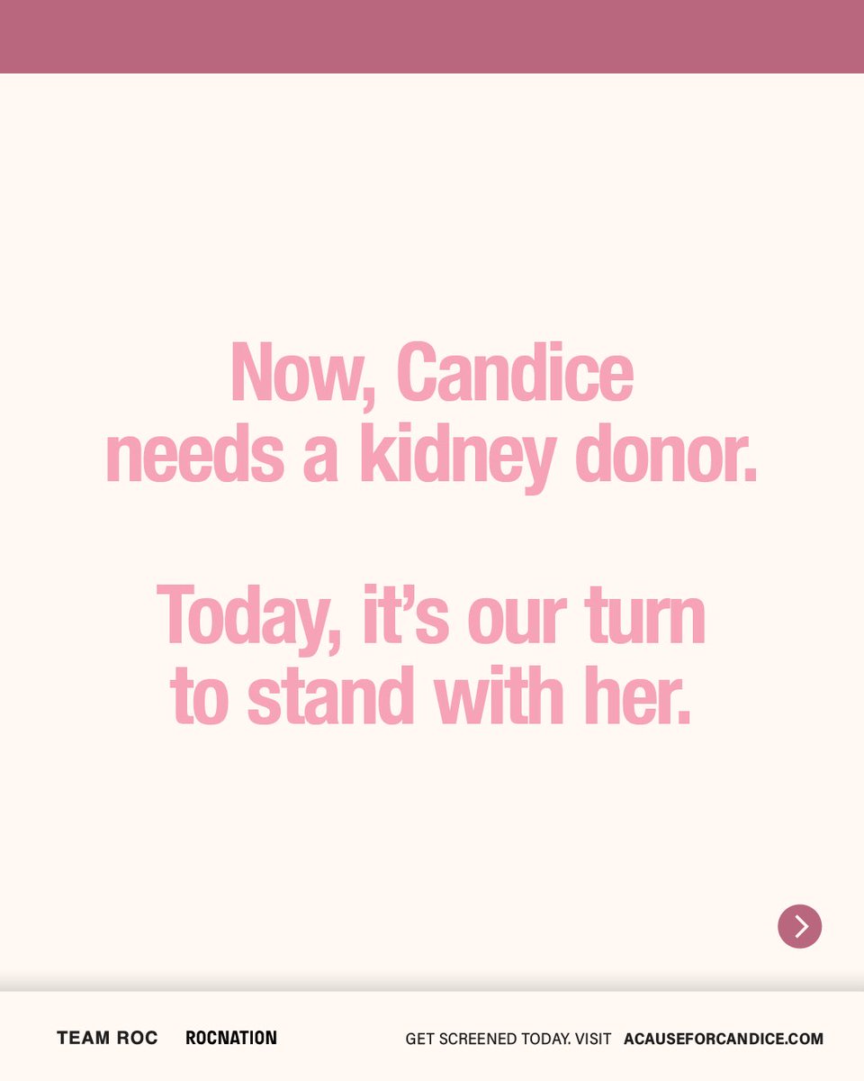 RocNation's tweet image. Candice is part of our Roc Nation family. She urgently needs a kidney donor. Getting screened today could save her life – or someone else’s. 

Visit ACauseForCandice.com to learn more.

#ACauseForCandice