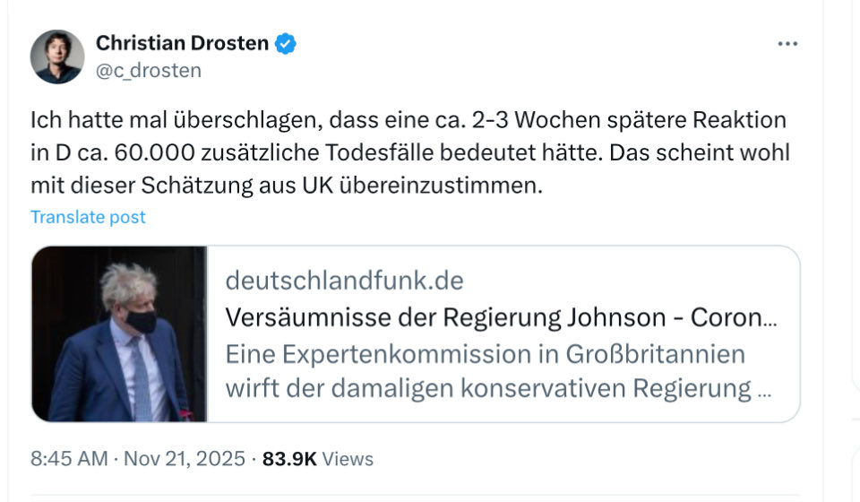 Nach über fünf Monaten meldet sich der Charité-Virologe Drosten zurück auf <a href="/X/">X</a>, um mit einer eigenen „Überschlags“-Rechnung eine Narrativ-wahrende „Schätzung“ - wieder einmal basierend auf fragwürdigen Modell-Annahmen von Neil Ferguson vom Imperial College - aus der