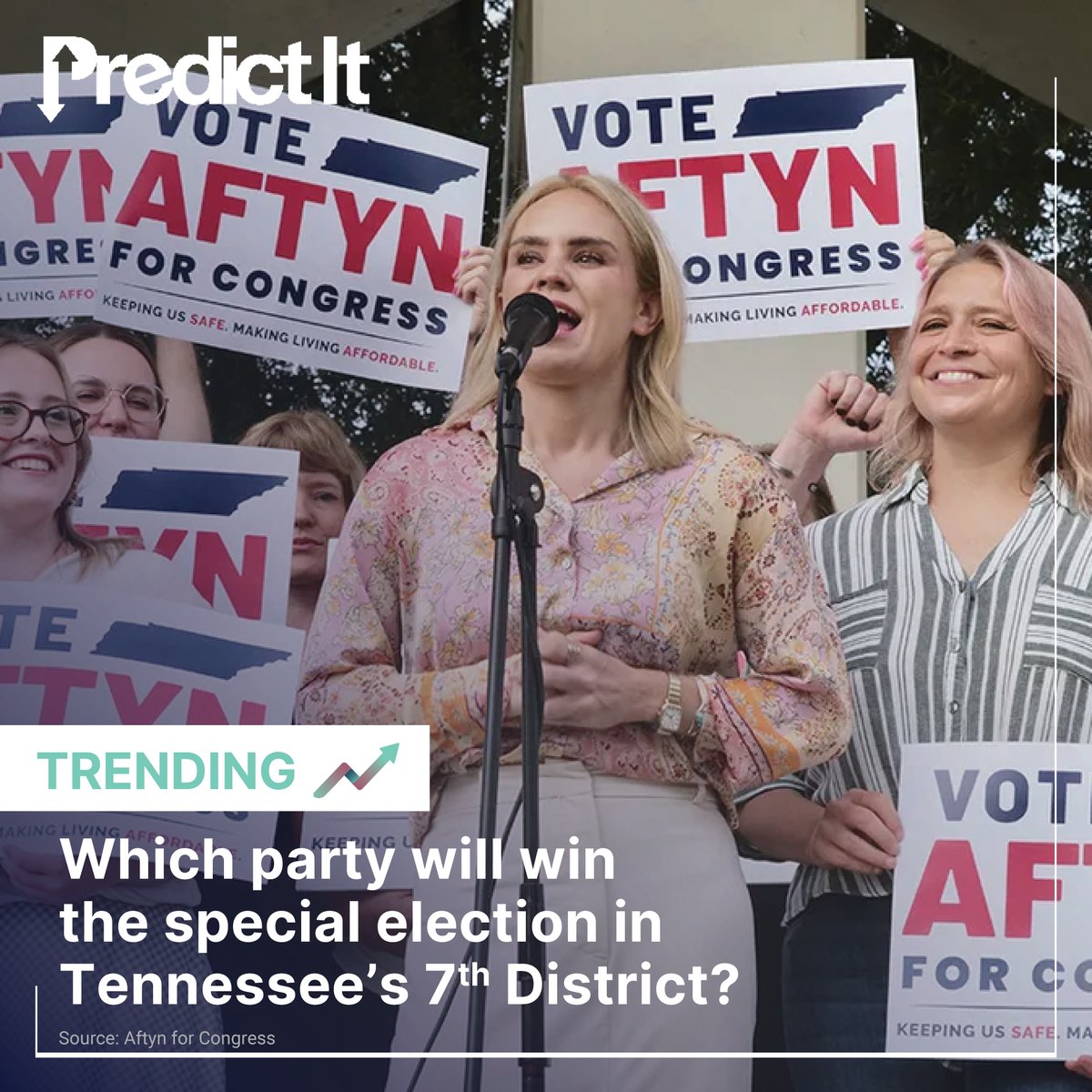 PredictIt's tweet image. For the first time since leaving office, @KamalaHarris hit the campaign trail for another candidate. She made a surprise appearance at an event in Nashville for @aftynfortn, the Democratic candidate for TN-07&apos;s special election. Will the former VP&apos;s appearance sway things in…