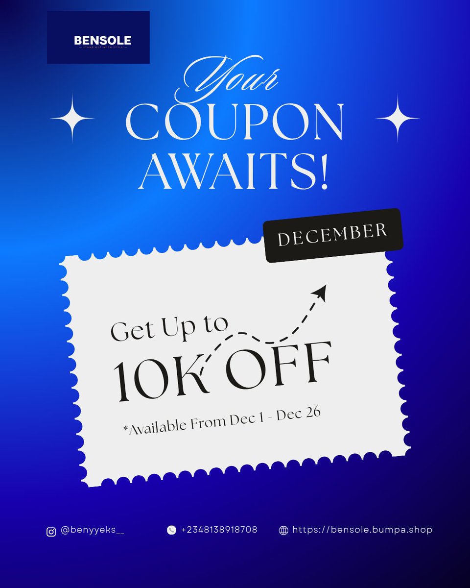 bensole_'s tweet photo. Holiday shopping just got even better 

We’re leveling up your footwear game this December! For a limited time, you can receive up to a massive N10,000 OFF your entire order!

Shop Now:  https://t.co/xzUzTn2vi8

Coupon code: DECEMBER

Offer valid from Dec 1 to Dec 26 https://t.co/9lUgDUgt5N