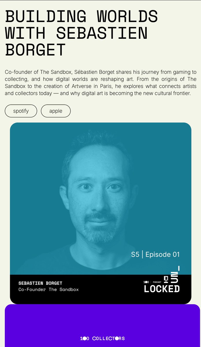 borgetsebastien's tweet image. ✨Honored to be a founding member and the very first supporting collectors of @100collectors : Collector #1

🎙️100collectors.art/podcast/buildi…

Here&apos;s my podcast interview about my journey from gaming to collecting, and how digital worlds are reshaping art. From the origins of…