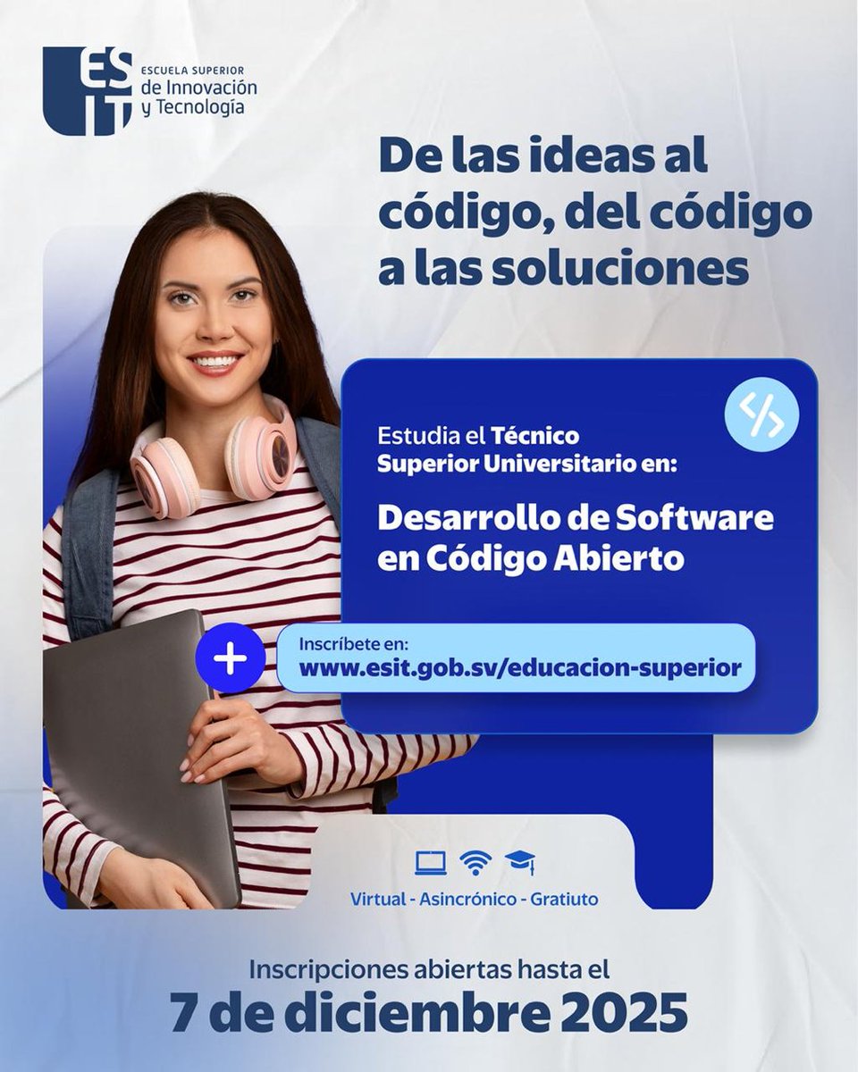 esitgobsv's tweet image. #Inscripciones | 💻🛠️ ¡Crea soluciones tecnológicas con el TSU en Desarrollo de Software en Código Abierto! 🎓 Inscríbete antes del 07 de diciembre y conviértete en un experto en desarrollo de software 💼
🎓 ¡Aplica ahora en esit.gob.sv/educacion-supe…