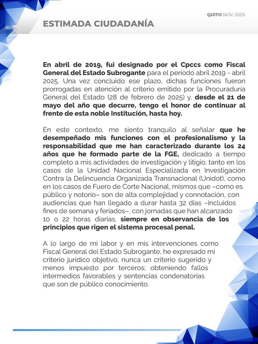 FiscaliaEcuador's tweet image. #COMUNICADO | #FiscalíaEc informa a la ciudadanía que el Dr. Wilson Toainga ha presentado su renuncia al cargo de Fiscal General del Estado Subrogante. ⬇️