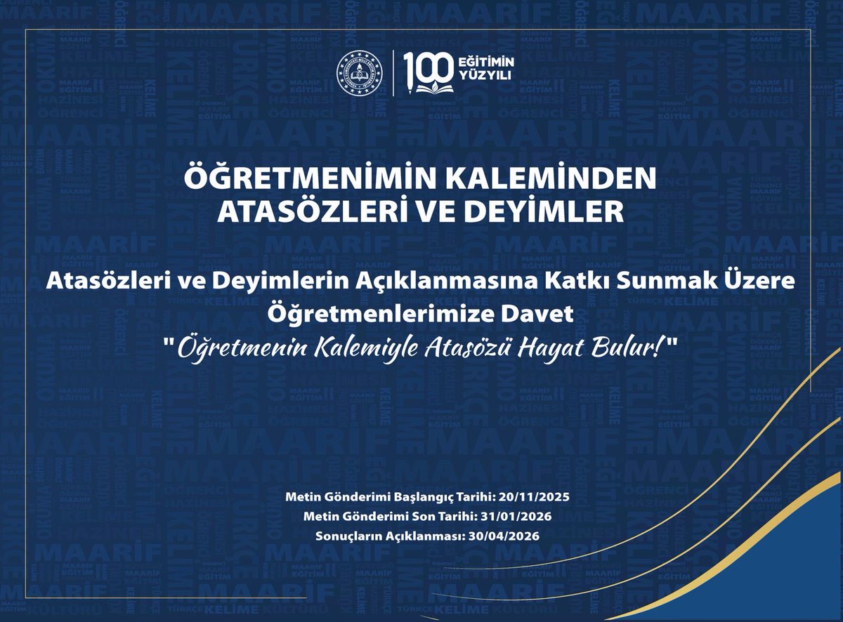 Kıymetli Öğretmenlerimiz,
Bir atasözü veya deyimi seçerek öğrencilerimiz için açıklamasını siz yazmak ister misiniz?
Katkılarınızı bekliyoruz.
✍️<a href="/tcmeb/">Millî Eğitim Bakanlığı</a> <a href="/farukyelkenci/">Ömer Faruk Yelkenci</a> <a href="/sozvarligiproje/">Öğrencilerin Söz Varlığı Projesi</a> 
🔗 Katılım ve ayrıntılar: meb.ai/A5j44o