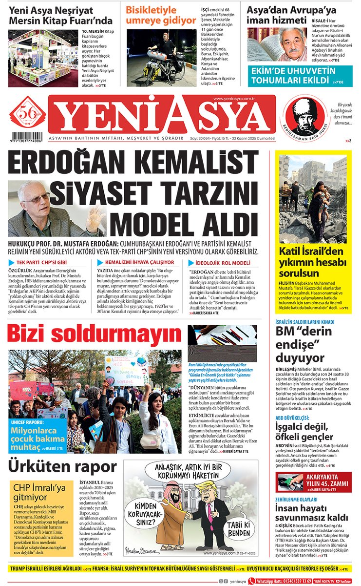 22 Kasım 2025 Yeni Asya 1. Sayfa yeniasya.com.tr/e-gazete/