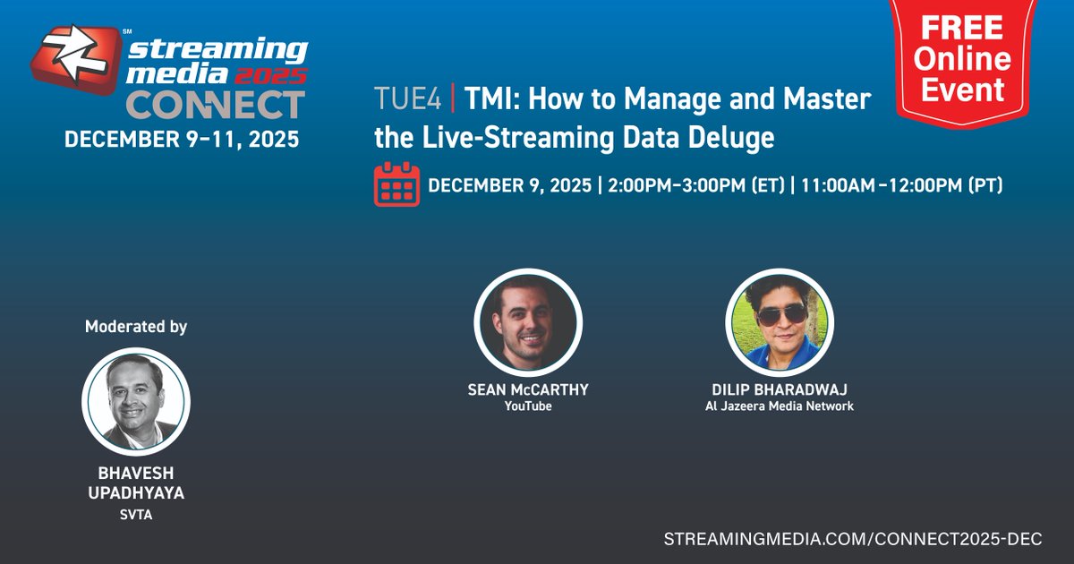 streamingmedia's tweet image. Managing streaming metrics is challenging. Bhavesh Upadhyaya, @TheSVTA, Sean McCarthy, @YouTube, and Dilip Bharadwaj, @AlJazeera, share how to focus on the right data for quality and reliability in December&apos;s #StreamingConnect.  Be there FREE -  champ.ly/64sPcEUR