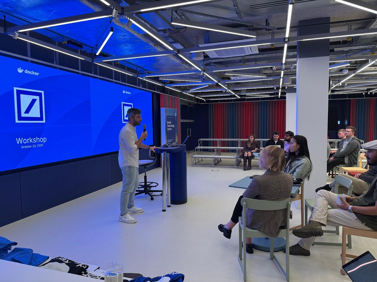 Docker's tweet image. If you missed it: the hands-on Docker workshop we hosted at Deutsche Bank’s Berlin Tech Center was a huge success - focusing on secure, efficient delivery with containers.

#Docker #DevOps #Containers #DeutscheBank