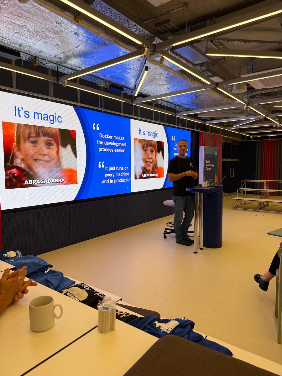 Docker's tweet image. If you missed it: the hands-on Docker workshop we hosted at Deutsche Bank’s Berlin Tech Center was a huge success - focusing on secure, efficient delivery with containers.

#Docker #DevOps #Containers #DeutscheBank