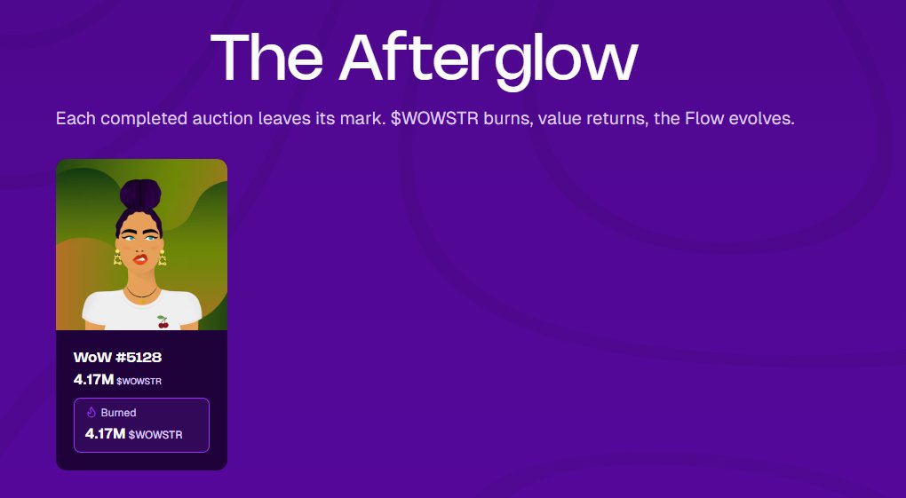 Hey <a href="/worldofwomenxyz/">World of Women</a> WEN new Dutch raffle for the flow?

Love the varying dynamics of the flow and rewards on wowstr.fun 😍

The last auction ended at 4.17M $WOWSTR which initiated a burn of these tokens and some lucky sniper taking home this OG WOW.

The OG floor on