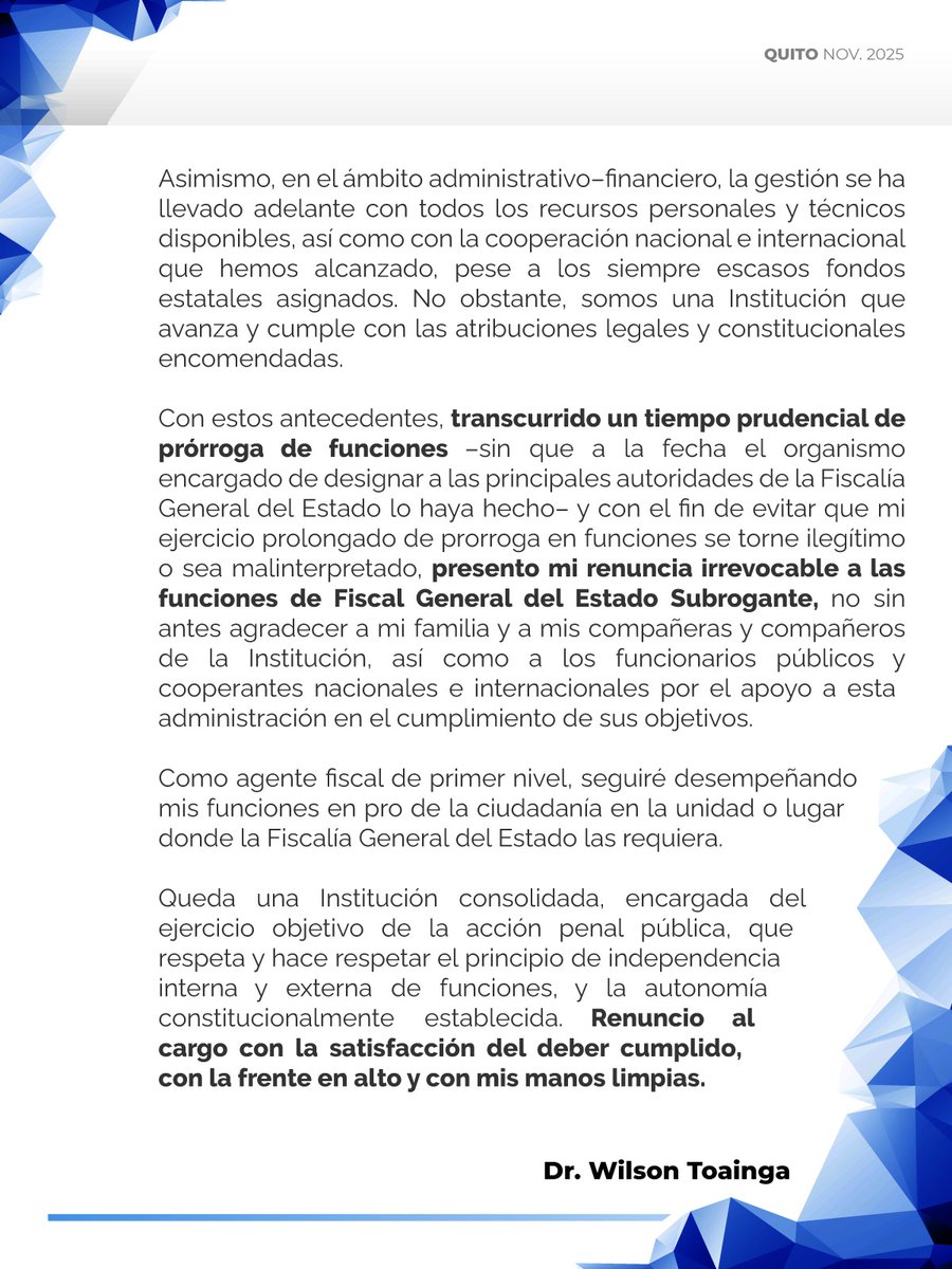 ecuainm_oficial's tweet photo. ‼️#URGENTE
Wilson Toainga presentó su renuncia al cargo de Fiscal General del Estado Subrogante, este viernes. Según Toainga, la decisión ocurre para evitar que el ejercicio prorrogado de sus funciones "se torne ilegítimo o mal interpretado". https://t.co/6DLHdpMhAL