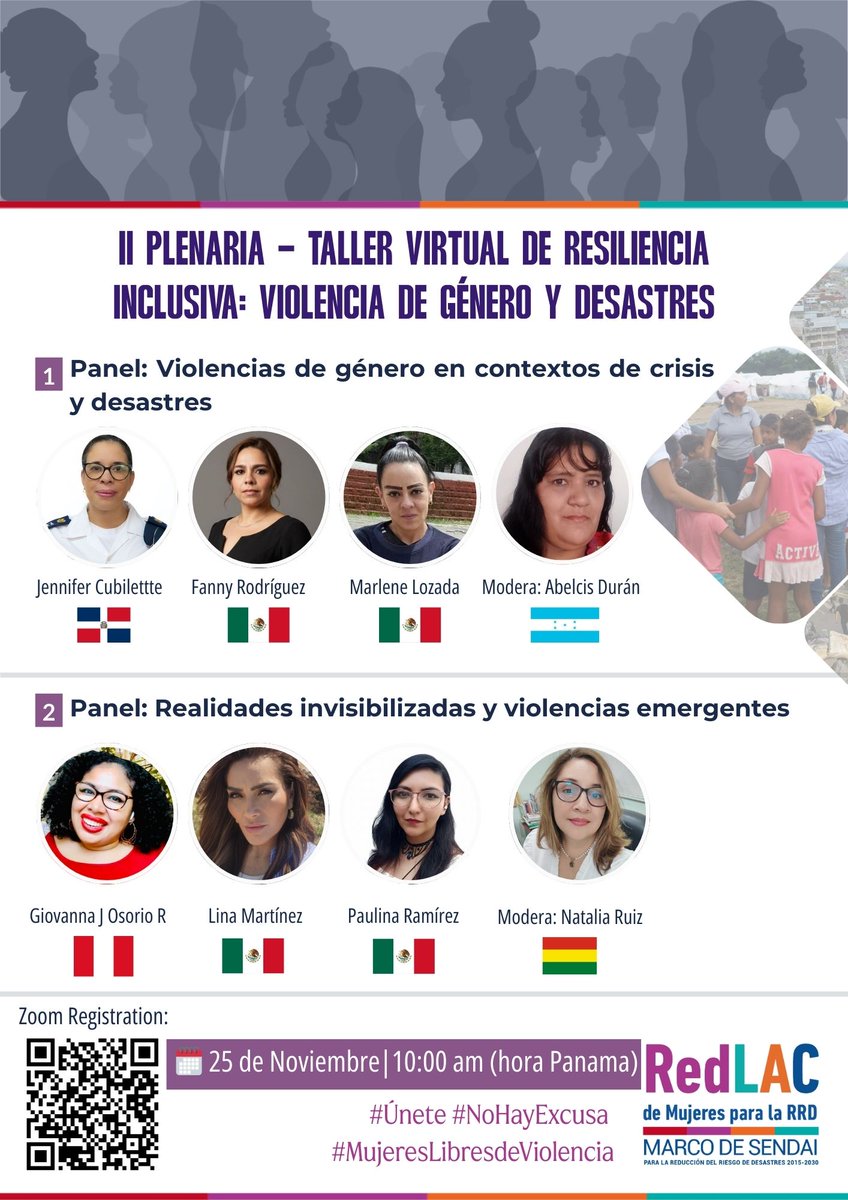 Les invitamos al Taller Virtual dirigido para miembros de la <a href="/LACWOMEN4DRR/">LACWOMEN4DRR</a>, bajo el tema: Violencia de Género y Desastres, en el cual nos sumamos a los 16 Días de Activismo de <a href="/ONUMujeres/">ONU Mujeres</a>. 

📅 25 de noviembre de 2025
⏰ 10:00 a.m. (Panamá)
🔗 Registro: undrr.zoom.us/meeting/regist…