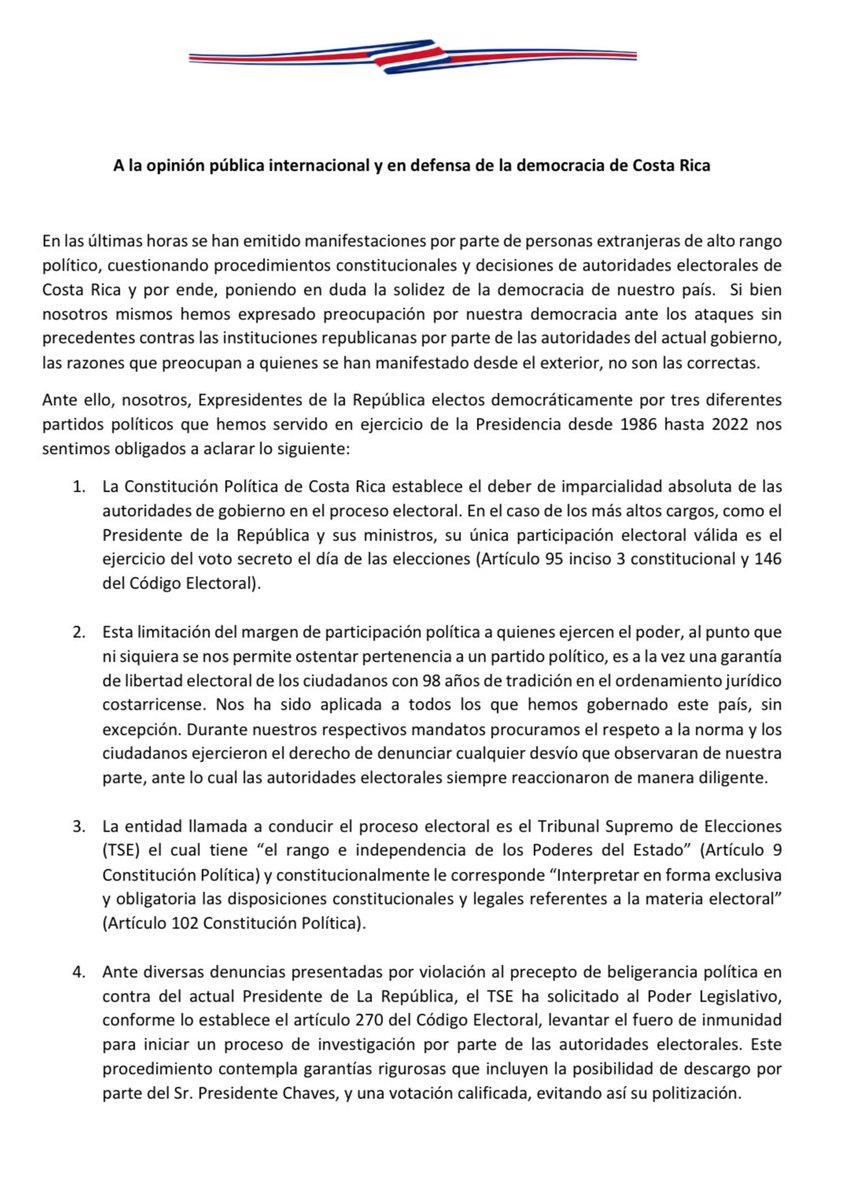 APLAProgresista's tweet image. Frente a las presiones extranjeras que buscan deslegitimar la institucionalidad costarricense y desestabilizar la democracia en el país, apoyamos el pronunciamiento de los ex Presidentes de Costa Rica.
El prestigio del proceso y autoridades electorales deben ser defendidos.