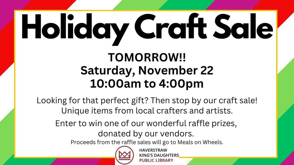 HKDPLibrary's tweet image. So stop by our Community Room and finish your shopping early!

#hkdpl #haverstrawlibrary #CraftSale #rocklandlibraries #LibraryProgram