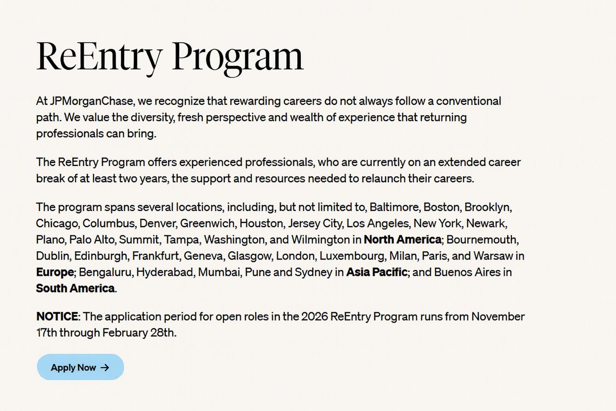 opportunitiesfy's tweet image. 🔥 The JPMorgan Chase ReEntry Program 2026 is now open—apply for this 15-week paid returnship offering mentorship, training, and a path back to full-time work after a 2+ year career break: wp.me/p23f03-huN 

#ReEntryProgram #CareerRelaunch #ReturnToWork #ApplyNow