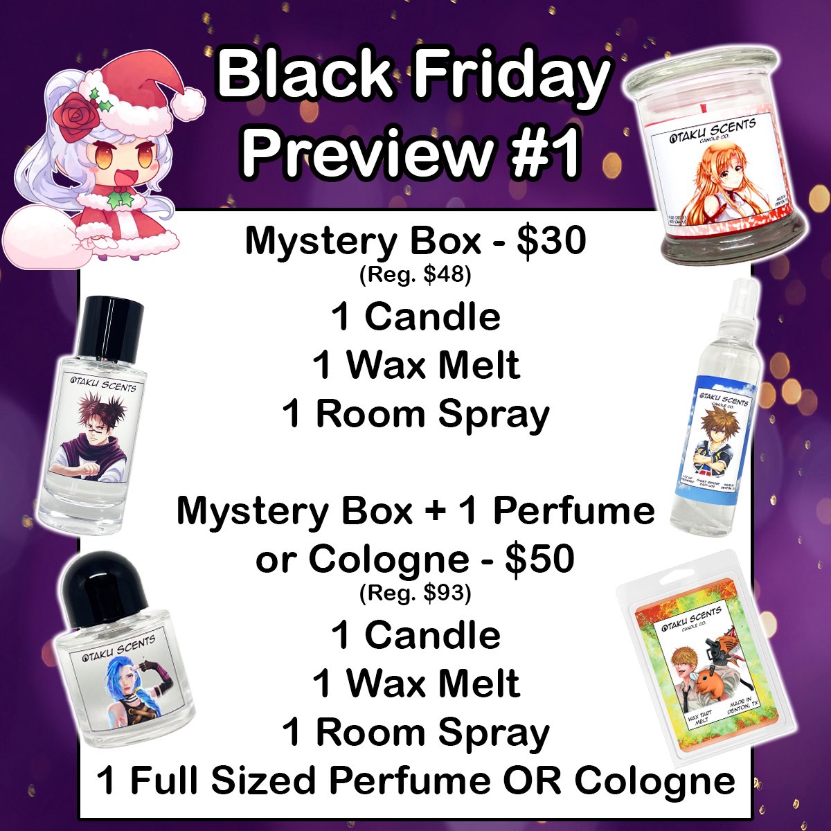 Black Friday Preview #1!

With this first announcement, we are presenting Mystery Boxes!

Each item will be a different scent. If multiple boxes are ordered, we will do our best to diversify the scents 🩷