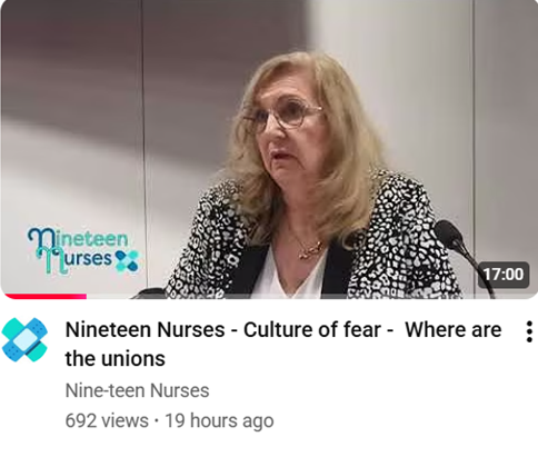 Viv Blondek, founder member of Nineteen Nurses, retired cardiac nurse and union rep at the Countess of Chester grandly claims to speak on behalf of 375k+ NHS nurses about a culture of fear amongst actually employed nurses.

When actually what she is doing is speaking on behalf of