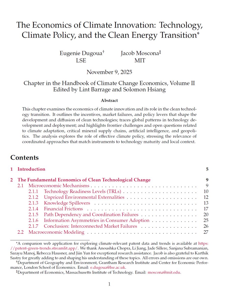 incprodmon's tweet image. Highly recommended!

&quot;The Economics of Climate Innovation: Technology, Climate Policy, and the Clean Energy Transition&quot; by E Dugoua and J Moscona

&quot;This chapter examines the economics of climate innovation and its role in the clean technology transition.&quot;

papers.ssrn.com/sol3/papers.cf…