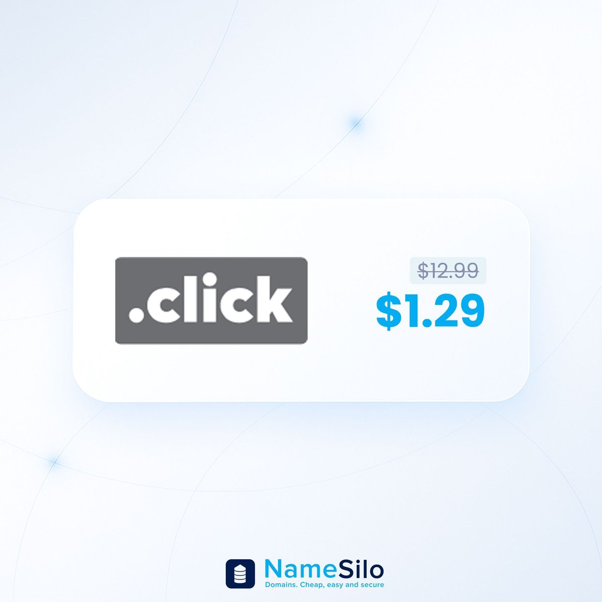 namesilo's tweet image. Turn attention into action with .CLICK 🖱️ 
Grab your domain for only $1.29 for the first year, plus 50% off premium registrations. Clean, catchy, and perfect for any project that needs quick engagement. 🔗 buff.ly/1890lCg 

Offer valid until December 2. 

#ClickDomain…