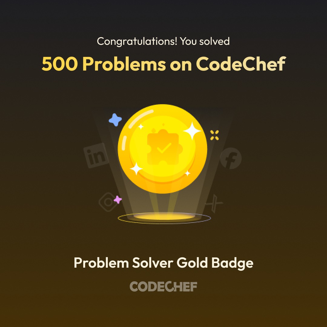 abdullahatif07's tweet image. Finally solved 500 questions on CodeChef 🤘

Most of them were easy-level (less than 700 rating), but they helped me build a solid perspective on how to approach problems efficiently 🙂

Now it’s time to level up and take on the tougher ones 😁💪

#Codechef #atif #Coding #code