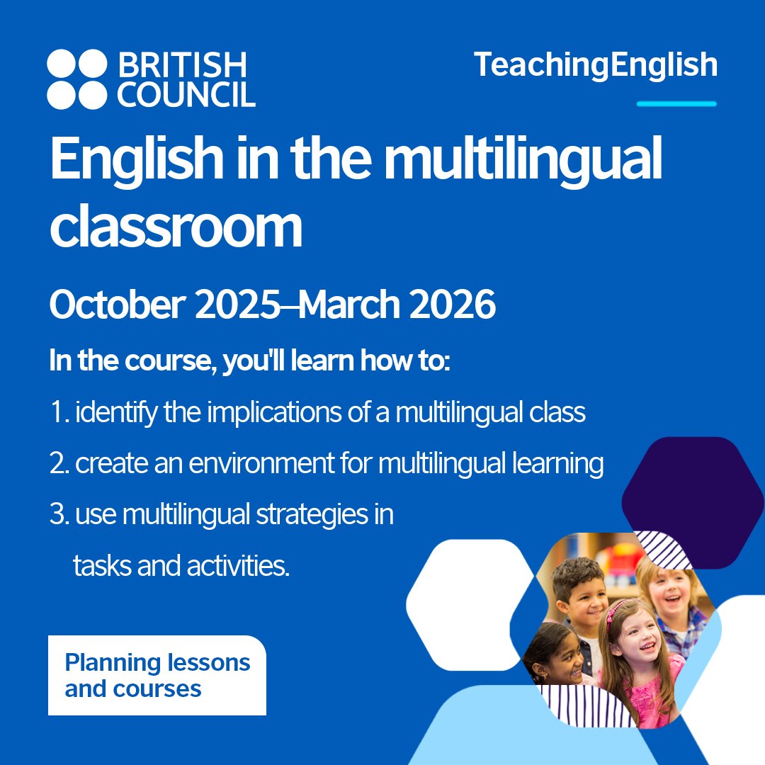idBritish's tweet image. Develop your skills for teaching in multilingual classrooms with our English in the multilingual classroom course.

Certificate awarded 🧾
Sign up here: eu1.hubs.ly/H0m-wLm0
#TeachingEnglish #ELT #MultilingualEducation
