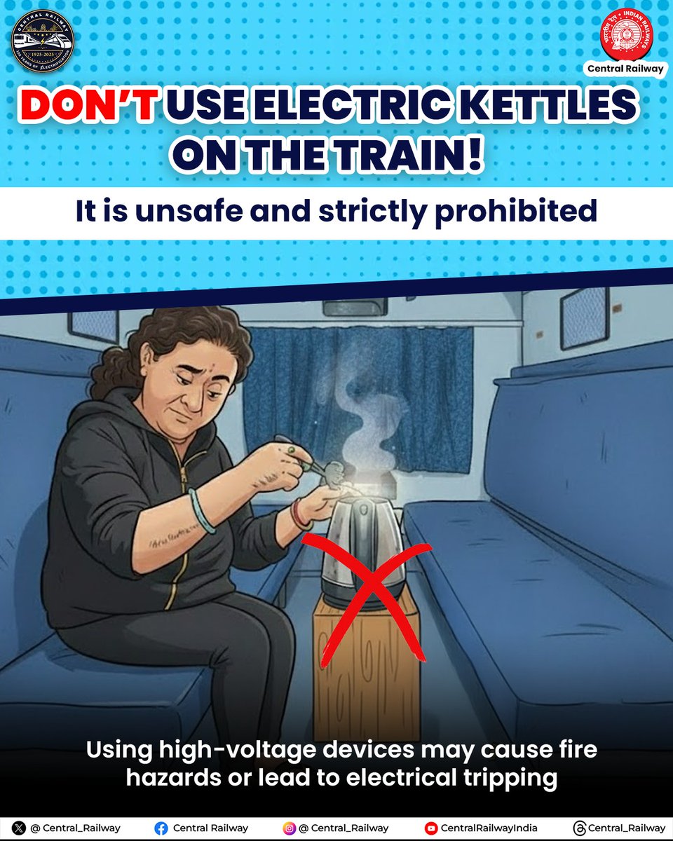 Central_Railway's tweet image. Travel Smart, Stay Safe!
⚠️ High-voltage appliances like electric kettles can trigger sparks, fire risks, or electrical tripping inside train coaches.
Please do not use such devices and help maintain a safe environment on the train. 🚆
#CentralRailway #ResponsibleRailyatri