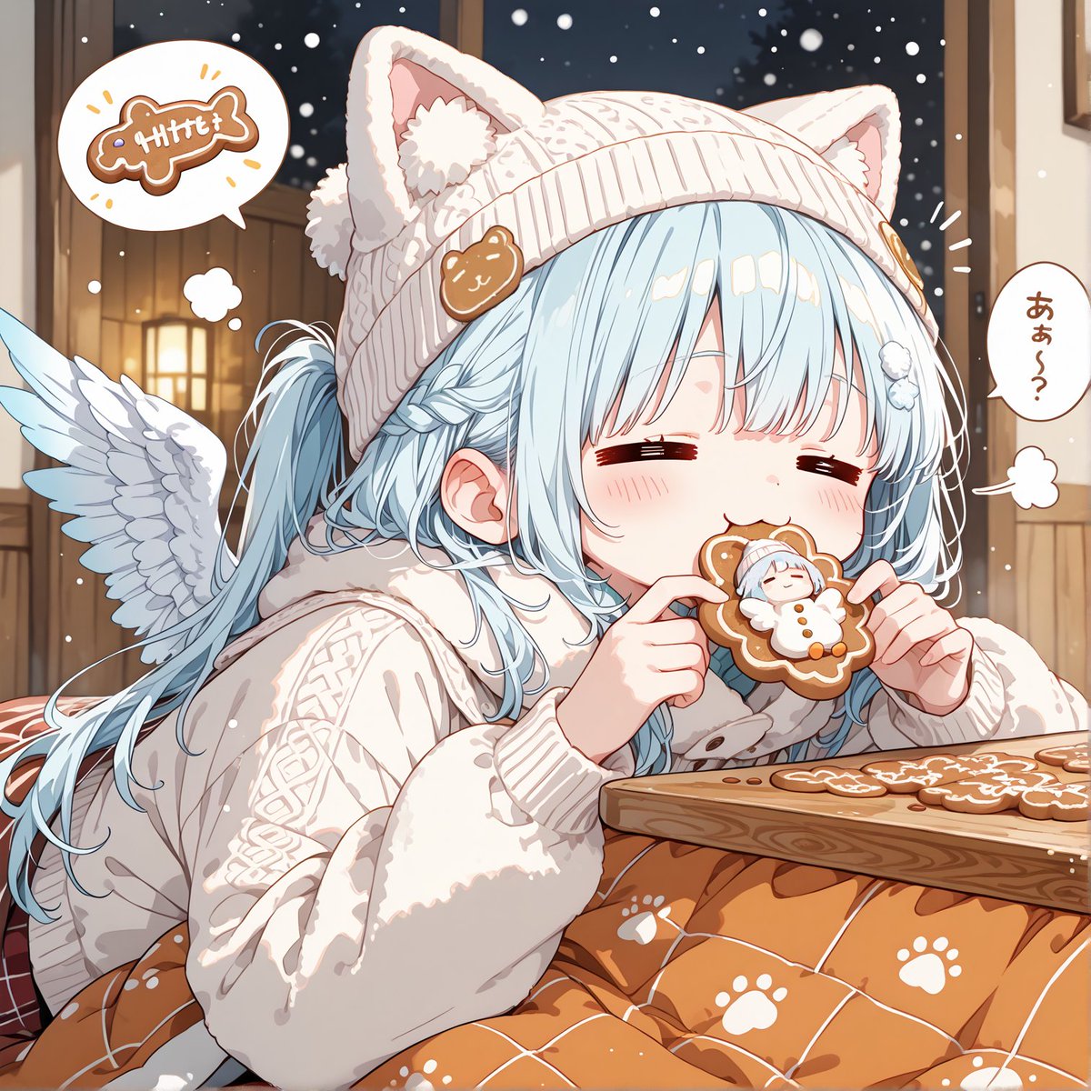 c02680900's tweet image. みんなおはよう～！💕  朝ごはんもう食べたかな～？
☕✨
コタツほんとに最強すぎる… 天使もコタツに潜り込んで、ぬくぬくふわふわ～ もう動きたくな～い🧣
 土曜日、最高の休日になりますようにっ！💕
  #AIイラスト #AIart