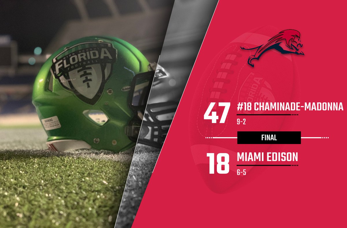 FlaHSFootball's tweet image. FLORIDA POWER 25 SCORE ALERT

CLASS 1A-REGION 4 SEMIFINAL

#1 seed Lions are rolling into Thanksgiving Week with a W over #4 seed Red Raiders!

#18 Chaminade-Madonna 47, Miami Edison 18 - FINAL

SEE MORE SCORES: floridahsfootball.com/scoreboards/

#flhsfb @HSFBamerica @Nadeboyz…