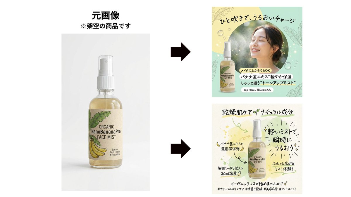 ak_chatgpt's tweet image. nanobananaPROが凄すぎる…🍌✨

プロンプトを少し工夫しただけで、このクオリティのインスタ広告バナーが【たった1分】で完成。

手書き文字の配置も、モデルの雰囲気も全部AI。これからのクリエイティブ制作、マジで革命起きそう。

#nanobananapro #nanobanana  #Webデザイン