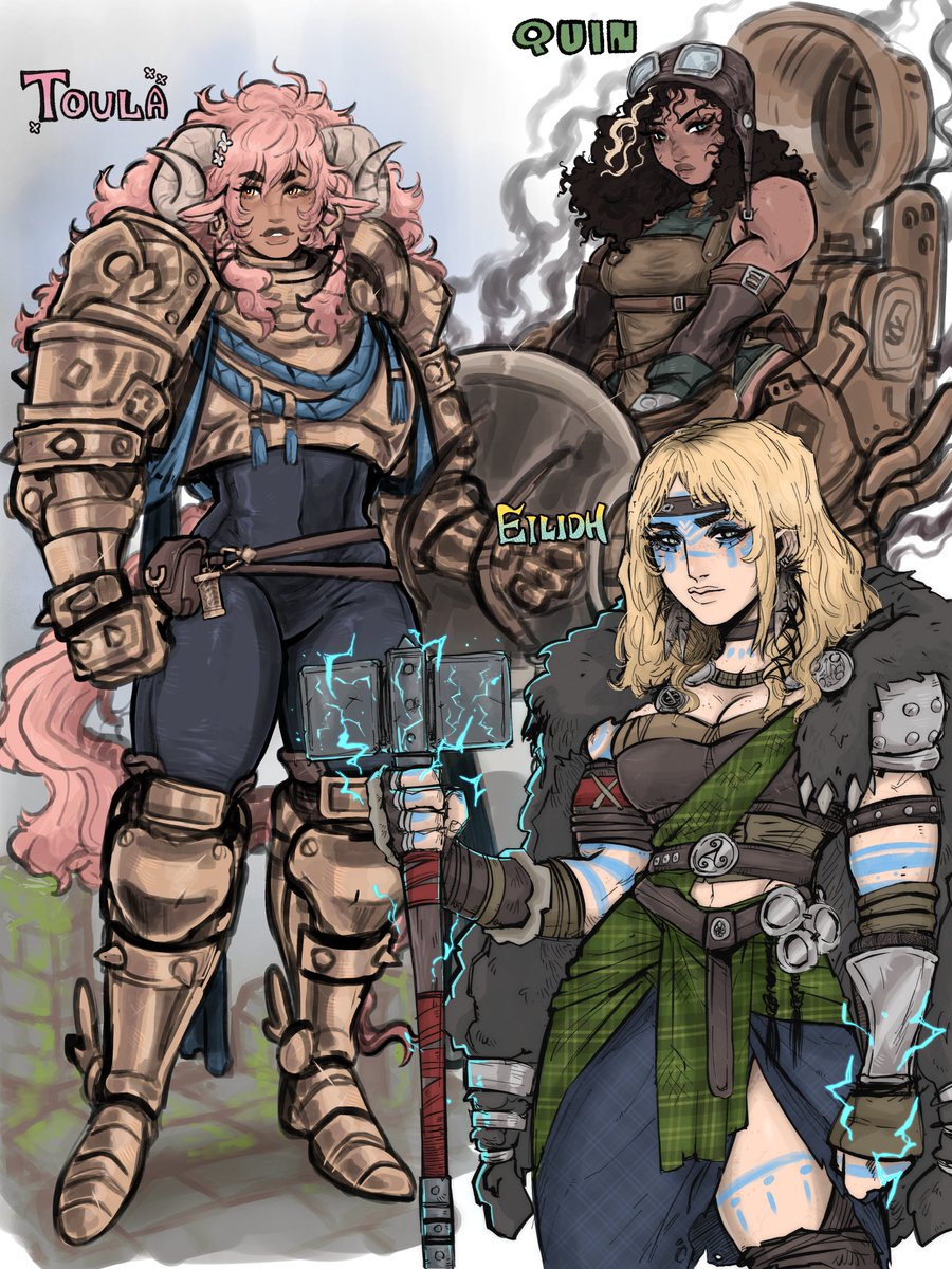 bured0's tweet image. Pathfinder 2e Iconics 
---
Quin - The Inventor⚙️
Toula - The Guardian🛡️
Eilidh - The Cleric🌩️