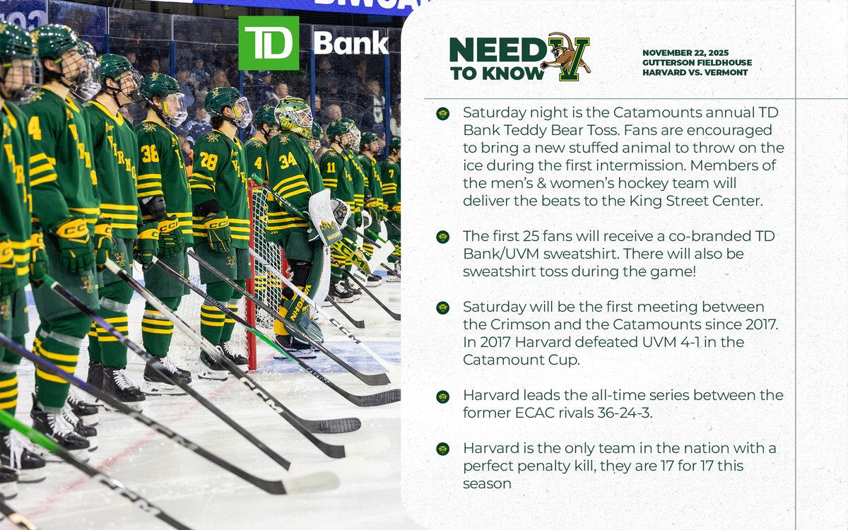 UVMmhockey's tweet image. 𝐍𝐄𝐄𝐃 𝐓𝐎 𝐊𝐍𝐎𝐖 ➡️ Catamounts host Harvard Saturday night for annual @TDBank_US Teddy Bear Toss, stuffed animals to be donated to @kingstreetctr.

🎟️ - go.uvm.edu/stick
#802Hockey