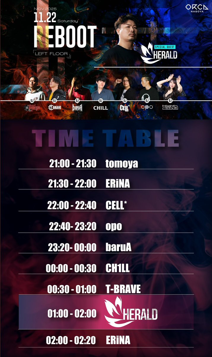 今夜はこちら！

REBOOT
2025.11.22(土) 21:00 START
at ORCA NAGOYA LEFT FLOOR

SP GUEST
Herald <a href="/Herald_DJ/">Herald</a>

リブートならではのオンリーワンなラインナップ！
Hardstyleを中心に様々なハードサウンドが楽しめます🙌
東海の方はもちろん、日本各地からぜひお越しください🫡