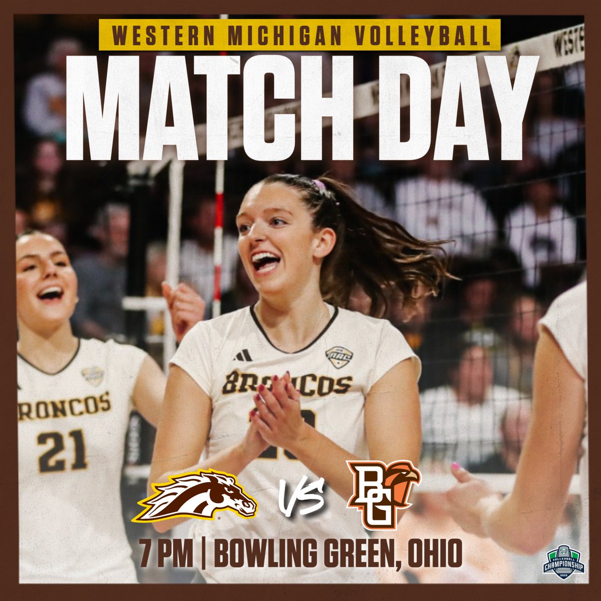 WMUVolleyball's tweet photo. It's TOURNAMENT TIME!!! The Broncos begin their MAC Tournament run with a semifinal against Bowling Green!

🆚 No. 6 Bowling Green
⏰ 7 pm
📍 Bowling Green, Ohio
📺 https://t.co/MqQ6IRzKKd
📊 https://t.co/fs896WcC2H

#BroncosReign https://t.co/ueMhyqhnVD