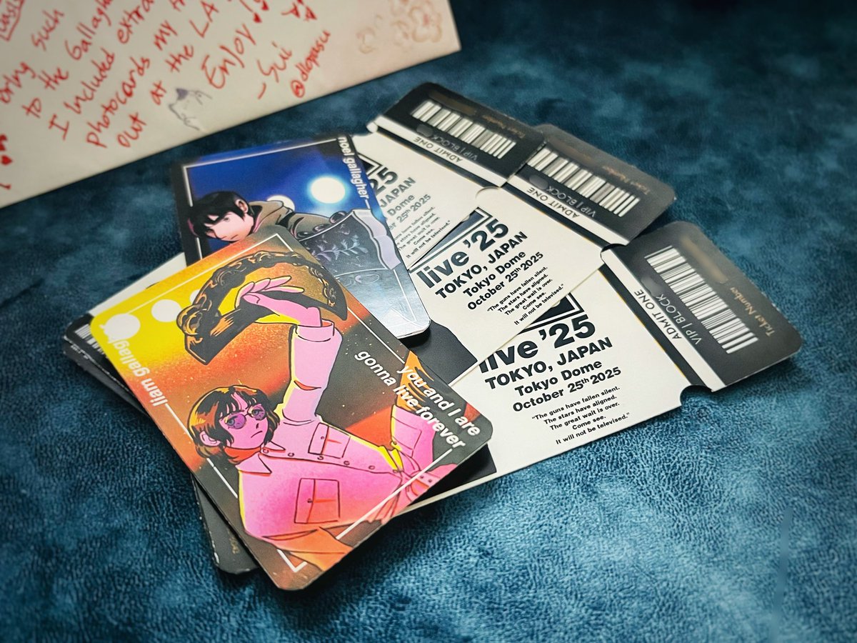 I exchanged my stickers with <a href="/dioyasu/">Sui 隋</a> and she sent me this fan–made commemorative ticket🥰
I’m so happy she made one with the date of the concert I went to!
She also included some super cute photocards made by her friend <a href="/plutomaris/">ángel🦠</a> 
thank you so much 💐💞
