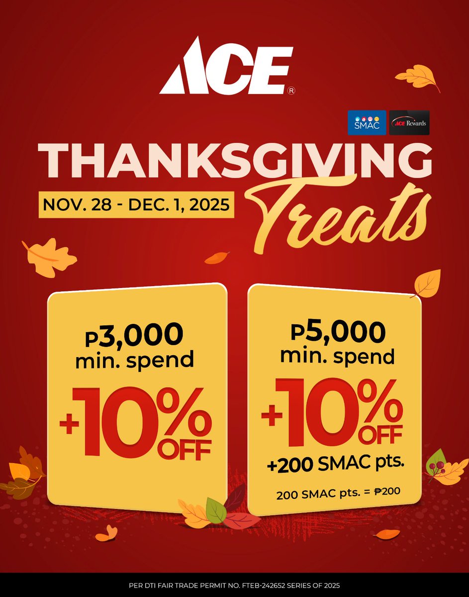 smcitylaunion's tweet image. 🎁 ‘Tis the season to prep and save!

Get your home holiday ready with ACE Thanksgiving Treats from Nov 28–Dec 1!

Enjoy exclusive deals on home must-haves, gifts, and holiday essentials.

Shop, save, and celebrate at ACE Hardware branches nationwide.

#ACEHardwarePH #ACEHelpful