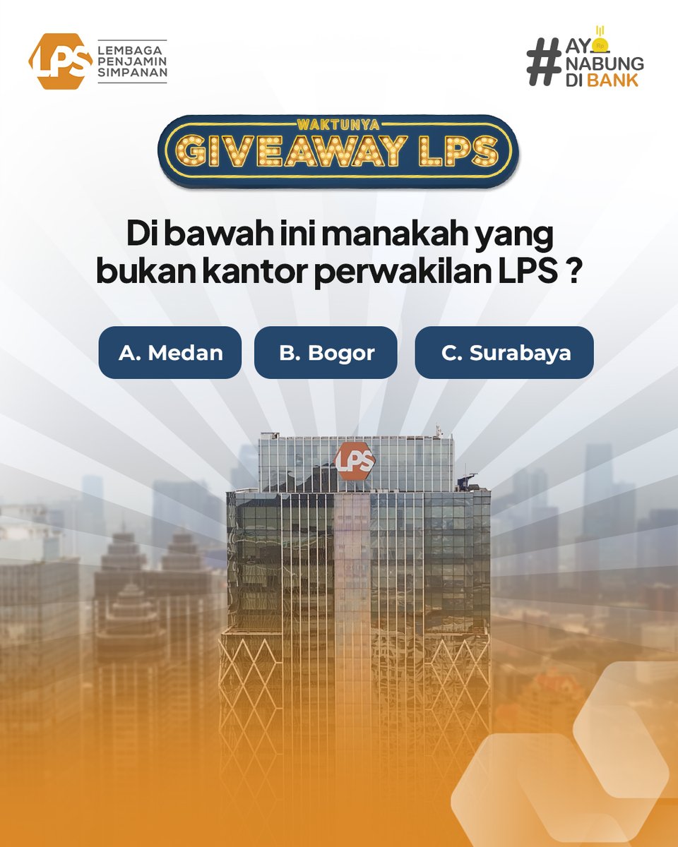 Sahabat LPS, yuk ikutan Giveaway LPS dengan menjawab pertanyaan berikut. 10 orang pemenang akan mendapatkan Voucher Go-Pay Rp250.000 untuk masing-masing pemenang.

Cara ikutan:
-Follow media sosial LPS:
👉🏻Instagram <a href="/lps_idic/">LPS RI / IDIC</a>
👉🏻Twitter <a href="/lps_idic/">LPS RI / IDIC</a>
👉🏻TikTok @lpsindonesia
👉🏻Like