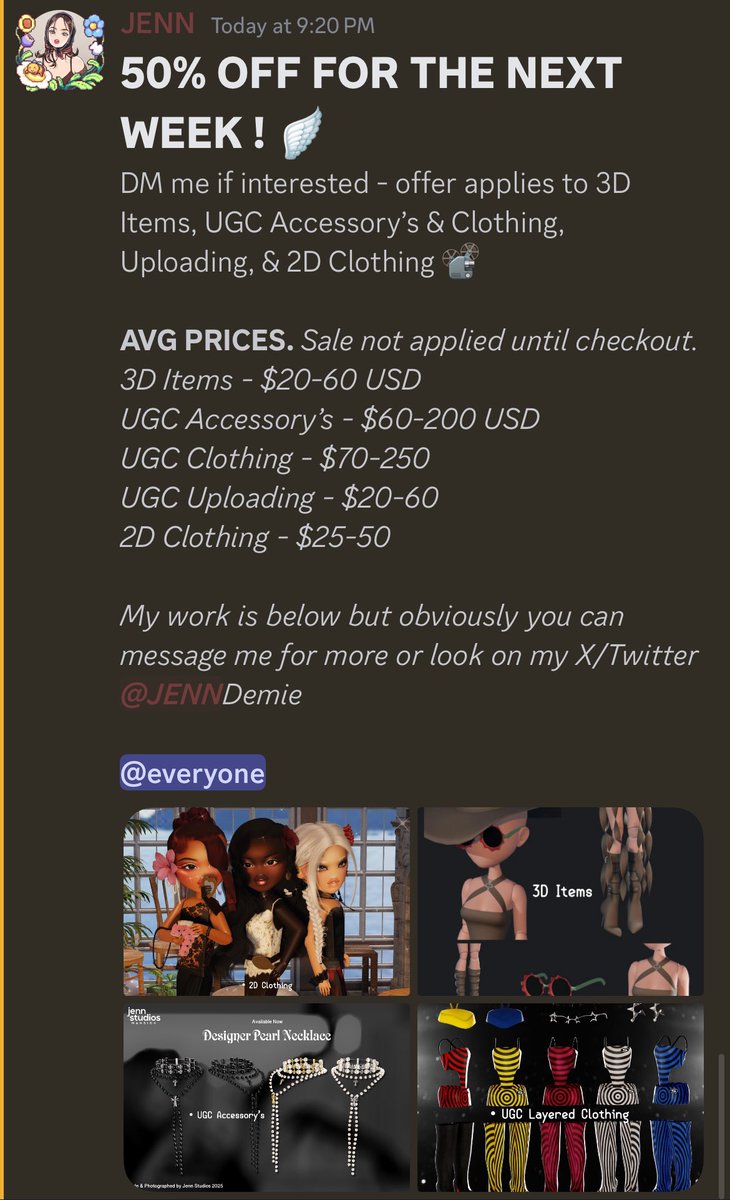 50% off all commissions this week! 🪽 Join my server if interested and make a ticket or contact me on discord @ JennStudios. 

discord.gg/cw7mcdcSR4